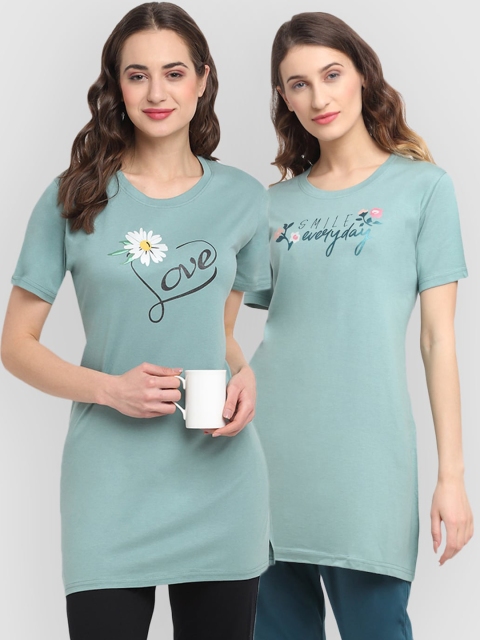 

Kanvin Women Pack of 2 Green Printed Lounge Tshirts
