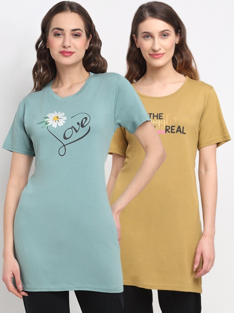

Kanvin Women Pack of 2 Khaki & Green Printed Lounge Tshirt