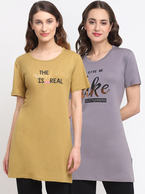 

Kanvin Women Purple & Brown Pack Of 2 Printed Lounge T-Shirts, Green