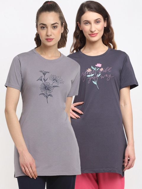 

Kanvin Women Pack Of 2 Purple & Grey Printed Lounge T-Shirts