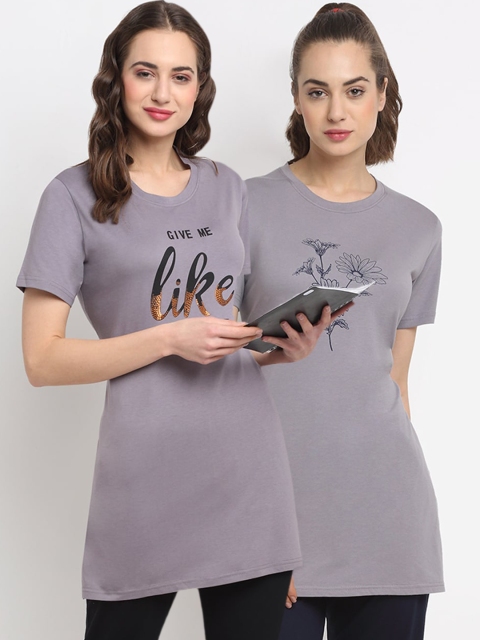 

Kanvin Women Pack Of 2 Printed Lounge T-Shirts, Grey