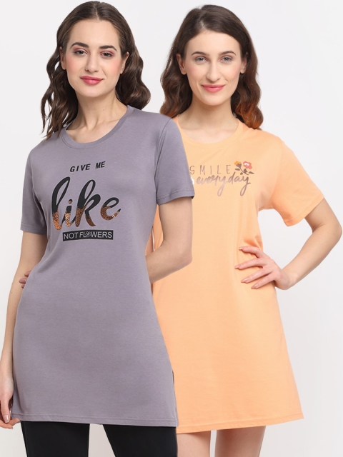 

Kanvin Women Pack of 2 Orange & Grey Printed Lounge T-shirts