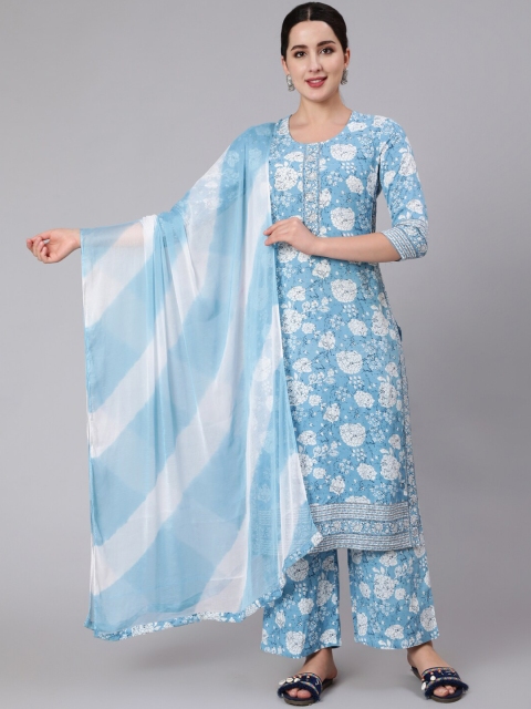 

GULMOHAR JAIPUR Women Blue Striped Empire Kurti with Trousers & With Dupatta