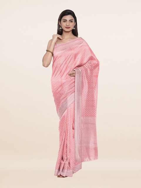 

Pothys Pink & Silver-Toned Woven Design Zari Art Dupion Saree