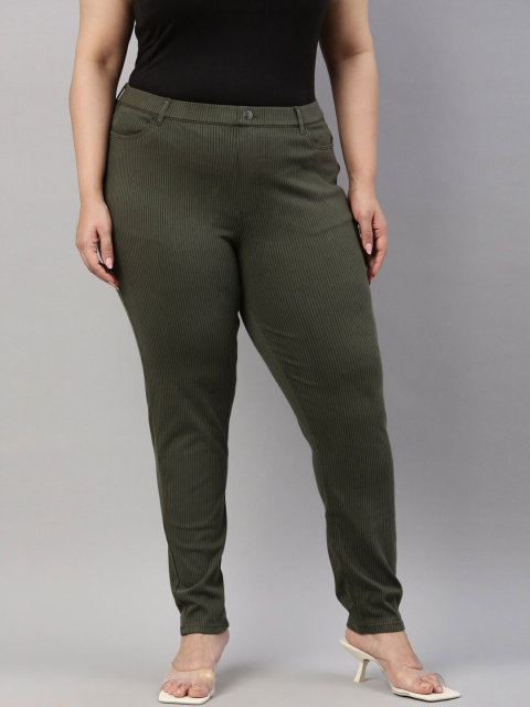 

Go Colors Women Olive-Green Stripe Printed Slim-Fit Jeggings