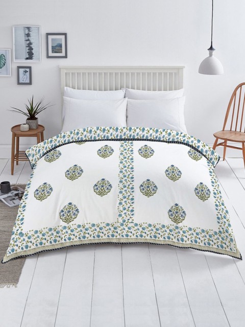 

AMOUVE White & Blue Ethnic Motifs Summer 233 GSM Double Bed Dohar
