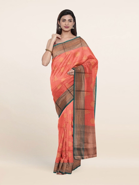 

Pothys Peach-Coloured & Green Woven Design Tanchoi Cotton Saree