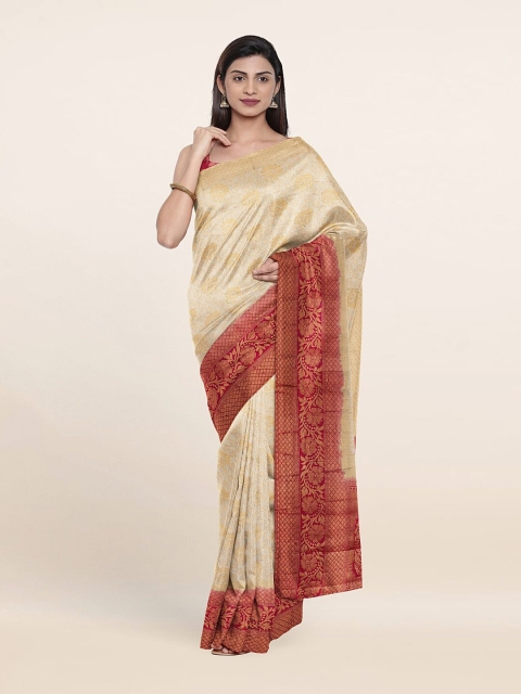 

Pothys Cream-Coloured & Red Floral Zari Art Silk Saree