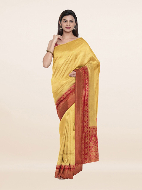 

Pothys Cream-Coloured & Red Ethnic Motifs Zari Art Silk Banarasi Saree