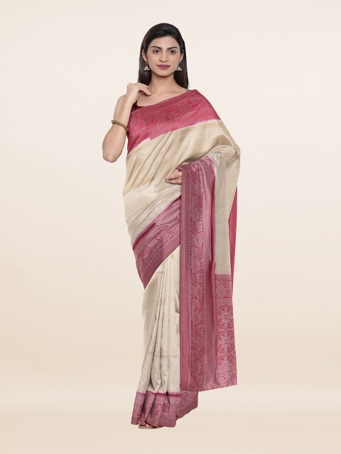 

Pothys Cream-Coloured & Pink Floral Art Silk Saree