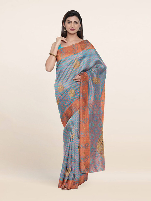 

Pothys Blue & Copper-Toned Woven Design Pure Silk Saree