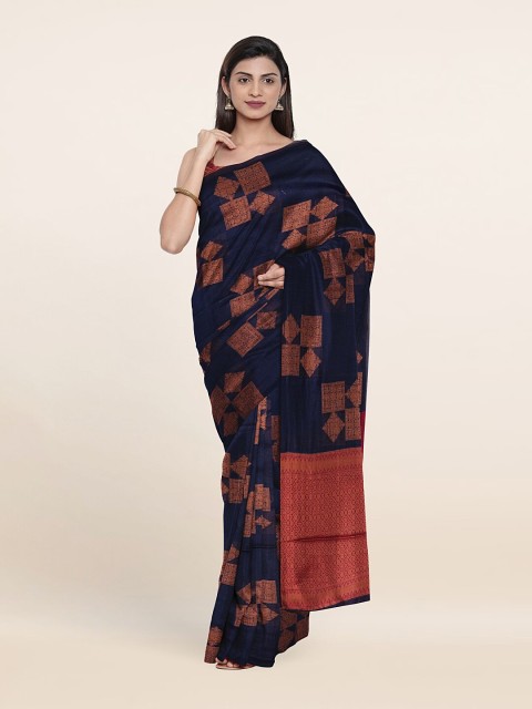 

Pothys Navy Blue & Red Ethnic Motifs Zari Saree