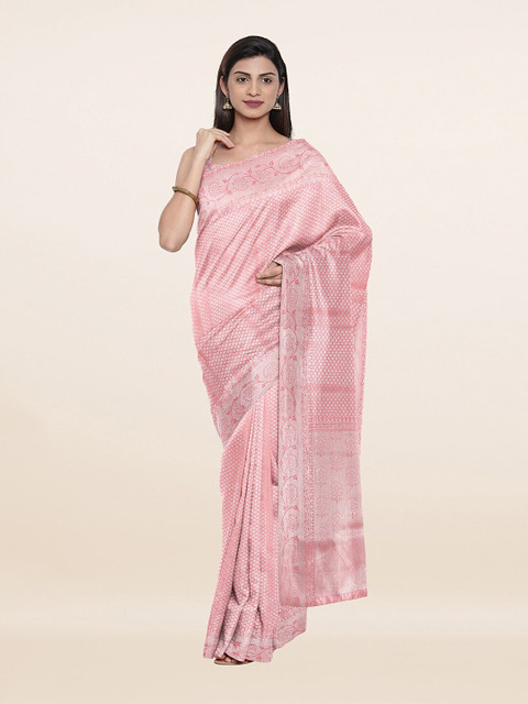 

Pothys Pink & Silver-Toned Floral Zari Art Silk Saree
