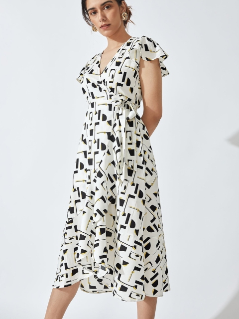 

The Label Life White Monochrome Ruffled Hem Wrap Dress