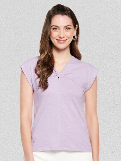 

UNMADE Purple Women Solid V-neck Cotton Regular Top
