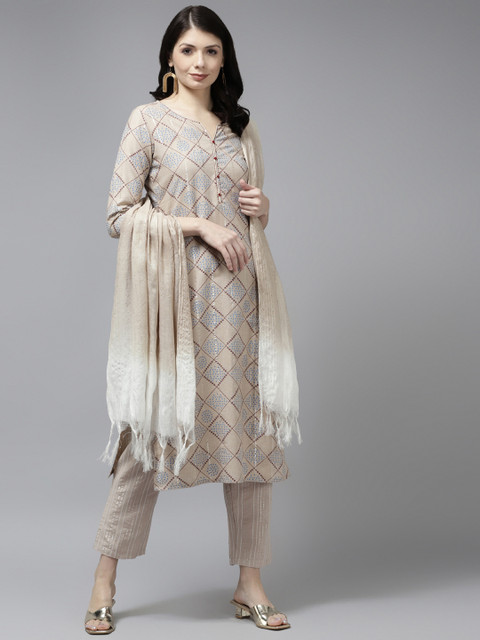 

Yufta Women Beige Pure Cotton Embroidered Kantha Work Kurta with Trousers & With Dupatta