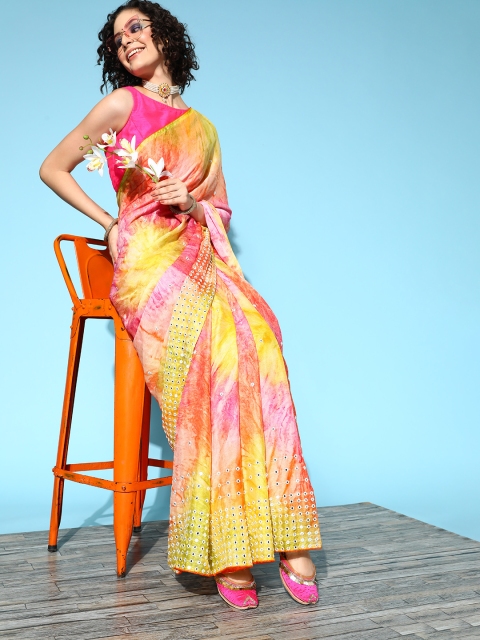 

Chhabra 555 Tie and Dye Saree with Embellished Border, Yellow