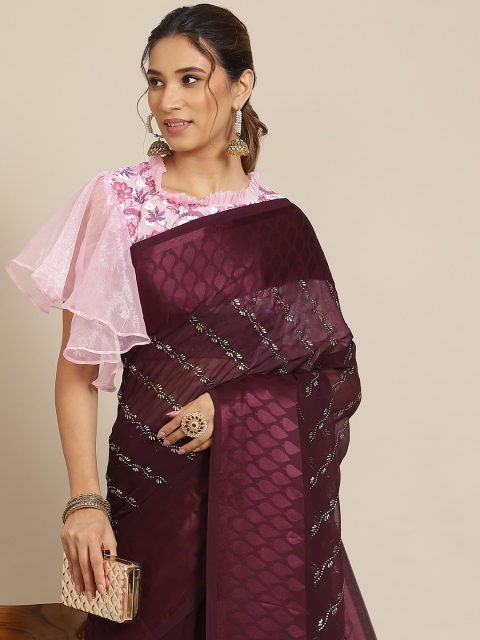 

Chhabra 555 Burgundy Embellished Mukaish Saree