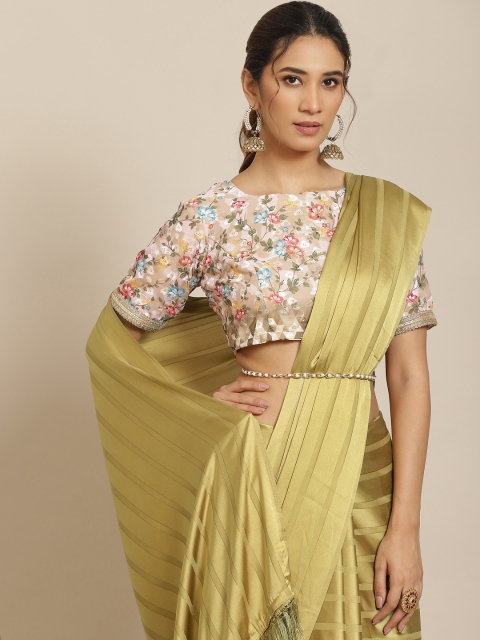 

Chhabra 555 Olive Green & Green Striped Schiffli Satin Saree