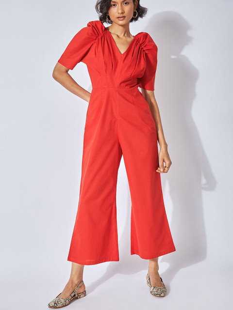 

The Label Life Red Power Shoulders Cotton Basic Jumpsuit
