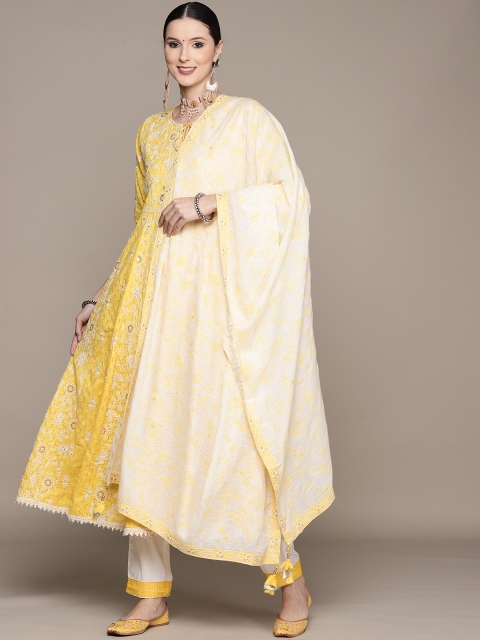 

Ishin Women Yellow Floral Embroidered Thread Work Pure Cotton Kurta with Trousers & With Dupatta