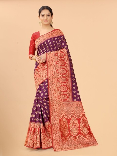 

SATYAM WEAVES Red & Purple Woven Design Zari Silk Cotton Banarasi Saree