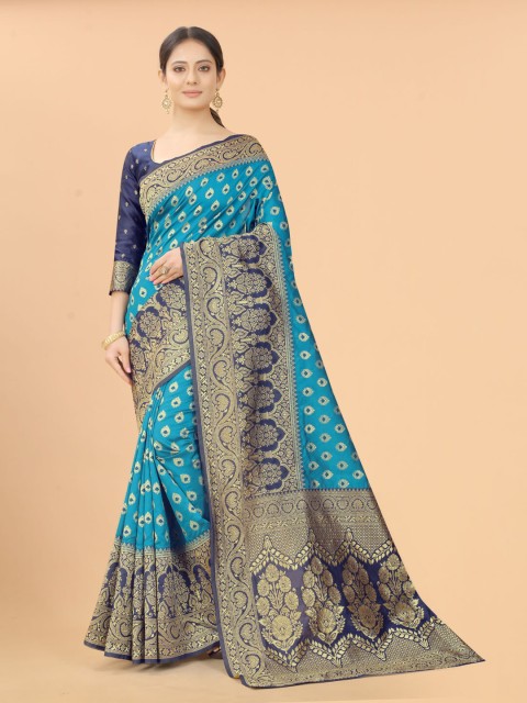 

SATYAM WEAVES Multicoloured & Blue Woven Design Zari Silk Cotton Banarasi Saree, Multi