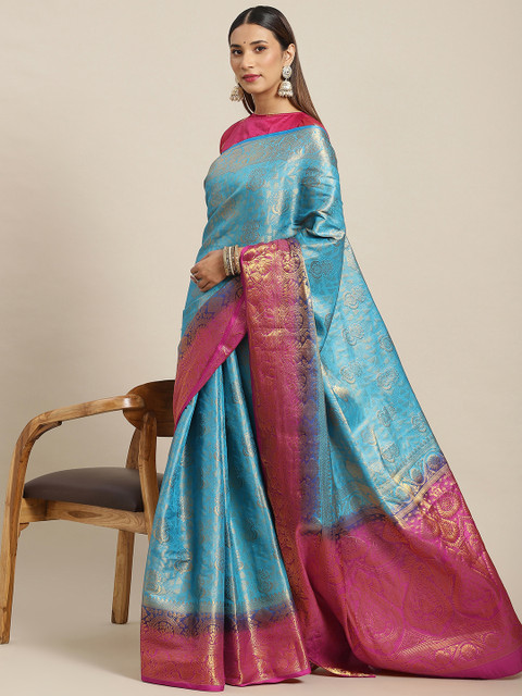 

Chhabra 555 Blue & Pink Floral Woven Design Silk Blend Kanjeevaram Saree