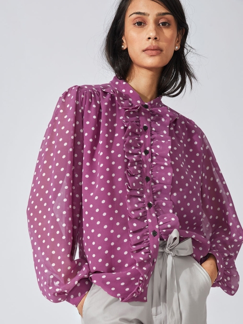 

The Label Life Pink Polka Dots Print Tie-Up Neck Ruffles Georgette Shirt Style Top