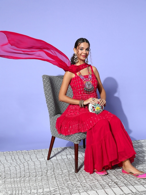 

ZOLA Women Red Embroidered Panelled Kurta with Palazzos & With Dupatta
