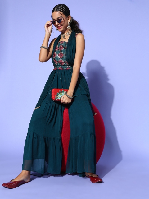 

ZOLA Women Teal Ethnic Motifs Embroidered Kurta with Palazzos & With Dupatta