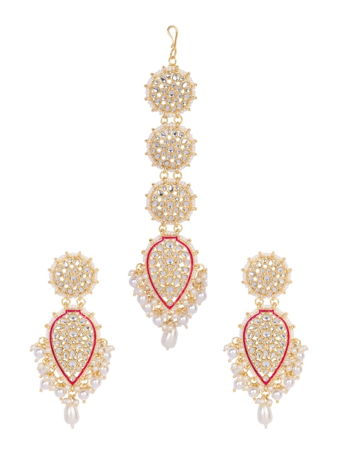 

INDYA Gold-plated Pink Enamelled Peal Shaped Maangtika Earring Jewellery Set