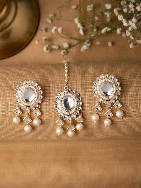 

INDYA Gold-Plated Kundan Studded Pearl Beaded Head Jewellery Set