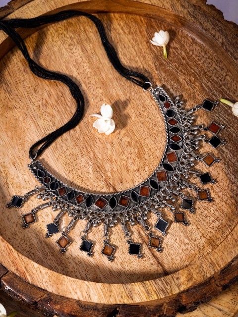 

INDYA Silver-Toned & Red Oxidised Enamel Tribal Necklace