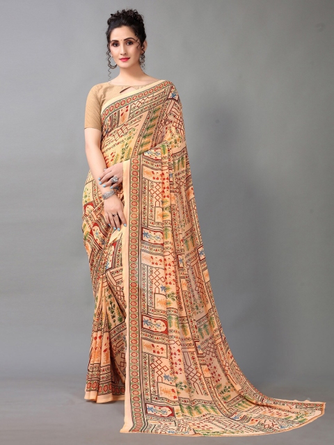 

HRITIKA Peach-Coloured & Green Floral Saree