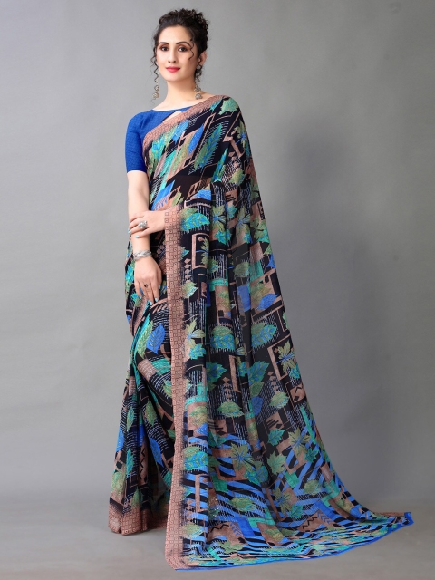 

HRITIKA Black & Blue Ethnic Motifs Saree