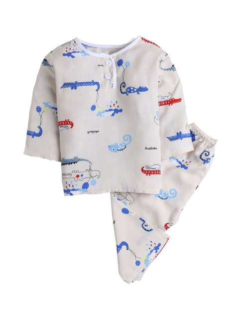 

Hopscotch Boys Beige & Blue Printed Night suit