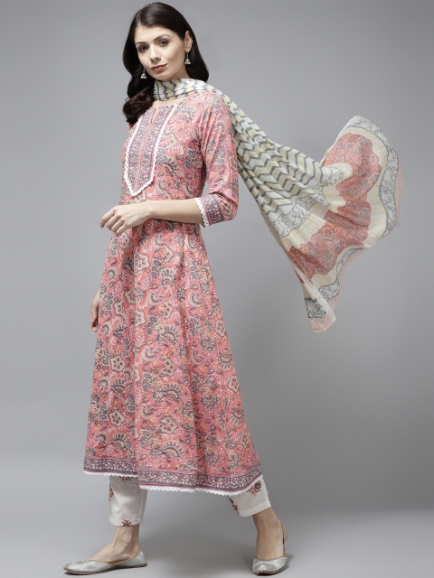 

Yufta Women Peach-Coloured Ethnic Motifs Printed Thread Work Pure Cotton Kurta with Trousers & With Dupatta