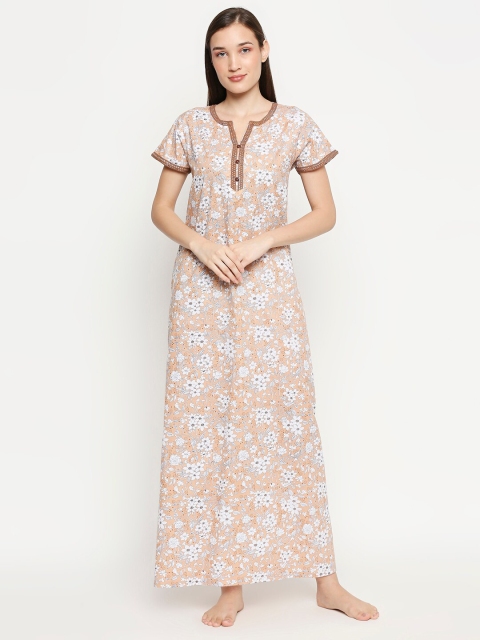 

XIN Yellow Printed Pure Cotton Maxi Nightdress