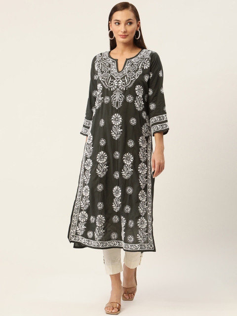 

HOUSE OF KARI Women Green & White Cotton Chikankari Embroidered Kurta