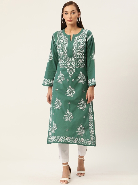 

HOUSE OF KARI Women Green & White Cotton Chikankari Embroidered Kurta