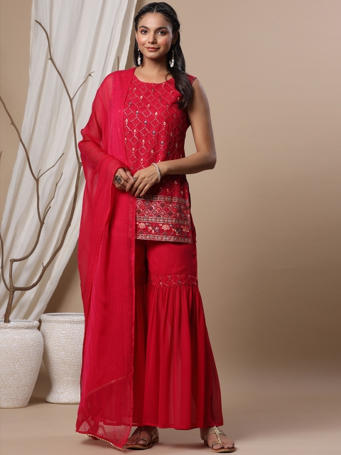 

Juniper Women Fuchsia Ethnic Motifs Embroidered Sequinned Kurti with Sharara & With Dupatta