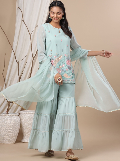 

Juniper Women Green Printed Sequinned Kurta with Sharara & With Dupatta