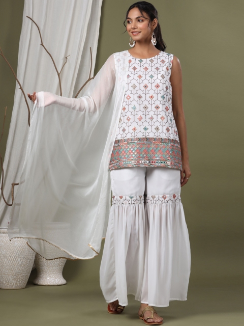 

Juniper Women Off White Printed Sequinned Kurti with Skirt & With Dupatta