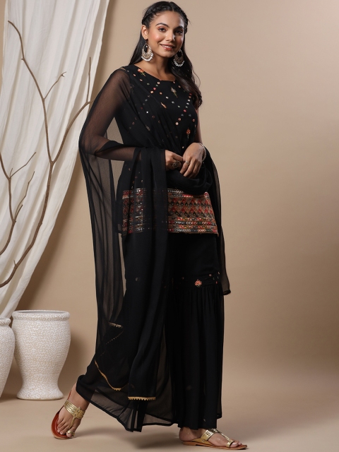 

Juniper Women Black Embroidered Sequinned Kurta with Trousers & With Dupatta