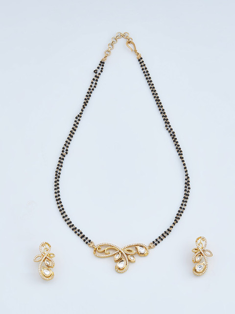 

Kushal's Fashion Jewellery Gold-Plated White & Black CZ Mangalsutra With Earrings