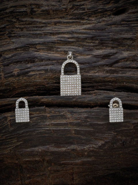 

Kushal's Fashion Jewellery Rhodium-Plated White CZ-Studded Pendant With Earrings