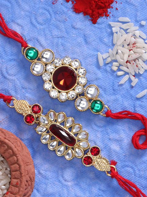 

LIVE EVIL Men Pack of 2 Gold-Plated White & Red Kundan-Studded Rakhi With Roli Chawal & Raksha Bandhan Greeting Card