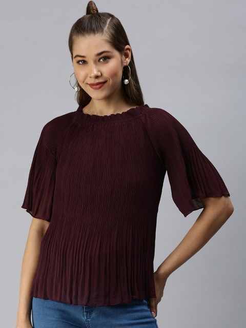 

SHOWOFF Burgundy Accordion Pleats Georgette Top