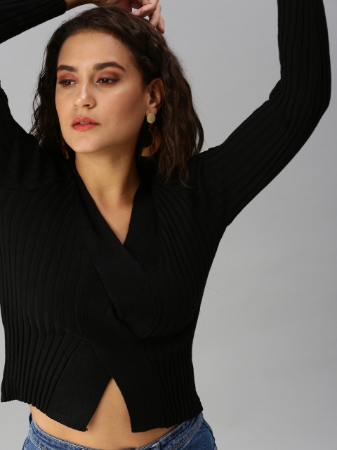 

SHOWOFF Black Striped Twisted Wrap Crop Top